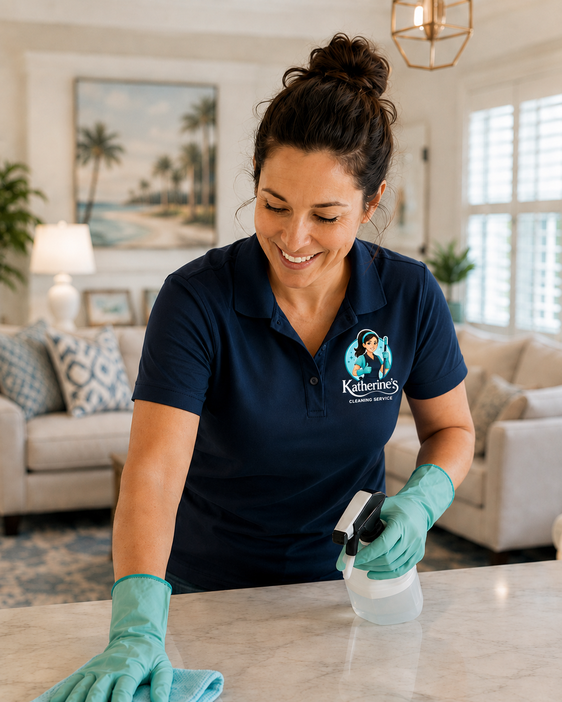 Katherine's Cleaning Services team member cleaning a countertop in a Charleston, SC home
